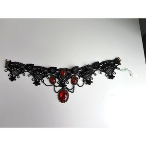 Victorian Gothic Lace Choker Necklace Red Rhinestone Pendant Black Lace Necklace
